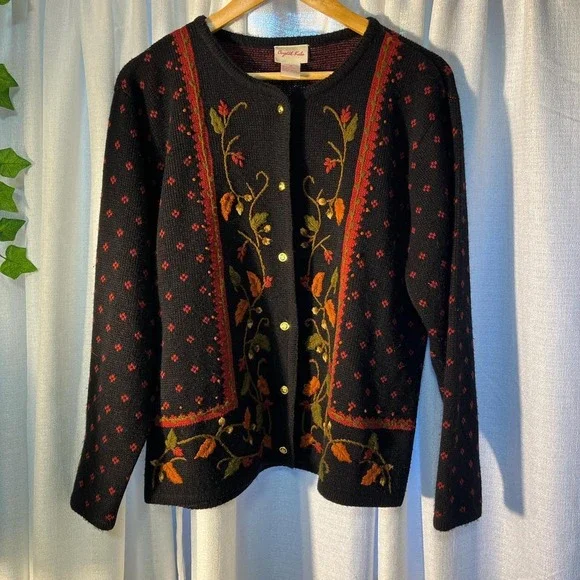 Vintage fall autumn leaf cardigan sweater Crystal Kobe medium black - Picture 2 of 8